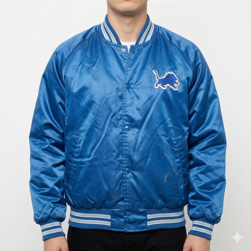 Chalk Line Made in USA VTG Detroit Lions Satin Bomber Jacket Mens XL Blue EUC